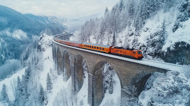 Aerial view of an express train crossing a historic mountain viaduct in winter snowy landscape - Powered by Adobe
