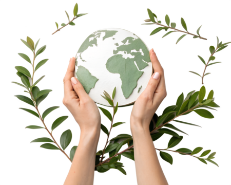  hands with plant branches and paper earth 