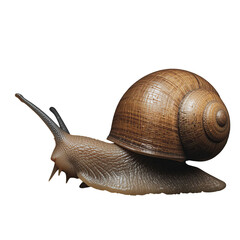 A detailed close up of a brown garden snail crawling on a black background in studio shot