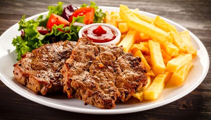 Grilled steak with fries and salad