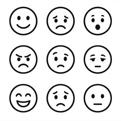 Fototapeta premium Facial Expression Icons. Line style icons of human facial expressions: happy face icon, sad face symbol, surprised expression,