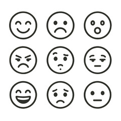 Fototapeta premium Facial Expression Icons. Line style icons of human facial expressions: happy face icon, sad face symbol, surprised expression,