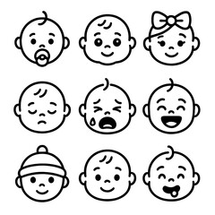Baby Face Icons. Line style icons of baby and toddler faces: pacifier in mouth, chubby cheeks icon, big eyes smiling, baby with