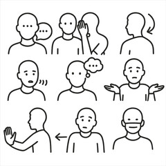 Conflict Avoidance Icons. Line style icons of conflict avoidance and passive behavior: silence with ellipsis, avoiding eye contact