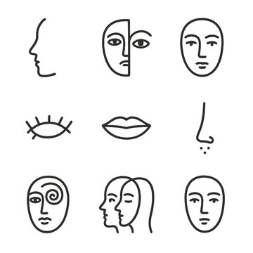 Abstract Face Line Art. Line style icons of simplified abstract faces: one-line face profile, split eye face, half-face symmetry,
