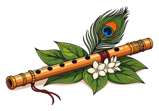 Lord Krishna's bansuri flute with peacock feather and jasmine flowers vector illustration