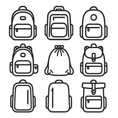 Backpack Icons Collection. Line style icons of school and everyday backpacks: classic school backpack, laptop compartment bag,