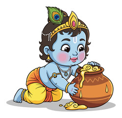 Cute baby Krishna eating butter vector illustration