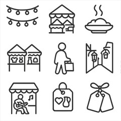 Night Market Icons. Line style icons of night market and bazaar festivals: string lights above stalls, night vendor tents, street