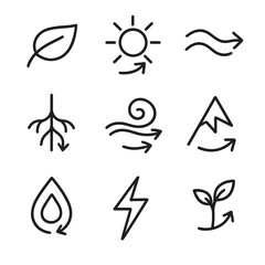 Nature-Inspired Arrow Icons. Line style icons of environment and nature-inspired arrows: leaf arrow, sunray with arrow, river flow