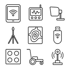 Wireless Survey Equipment Icons. Outline style icon of Wireless Site Survey Gear: Wi-Fi scanner tablet, spectrum analyzer,