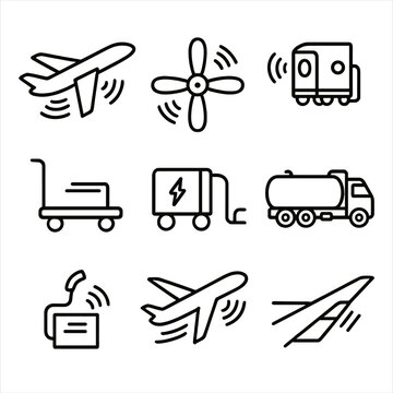 Airport Noise Icons. Outline style icon of Aviation Airport Noise: jet take-off, turboprop propeller, APU whine, baggage cart