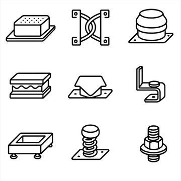 Vibration Isolation Hardware. Outline style icon of Vibration Isolation Hardware: elastomer pad, wire rope isolator, air spring