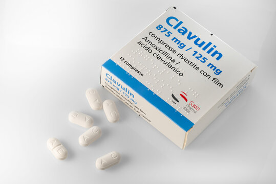 Turin , Italy &ndash; August 23, 2025: Clavulin antibiotic with amoxicillin and clavulanic acid. Medication used to treat infections caused by bacteria. It is a product of Savio Pharma Italia