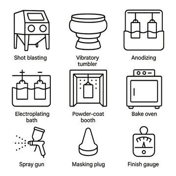 Surface Treatment Icons. Outline style icon of Surface Treatment Line: shot blasting cabinet, vibratory tumbler, anodizing tank,
