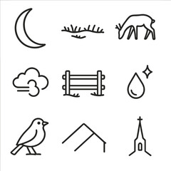 Moonlit Night Icons. Outline style icons of Moonlit Night: thin crescent moon sliver, frost-covered meadow, grazing deer