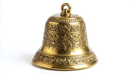 Intricately designed gold bell on a white backdrop, symbolizing festive sound