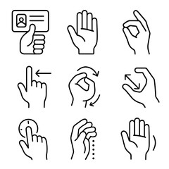 Fototapeta premium Mixed Reality Gesture Icons. Outline style icons of Mixed Reality: gesture library card, open palm icon, pinch select hand, swipe