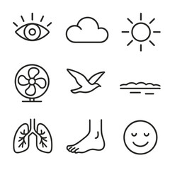 Fototapeta premium Mindfulness Outline Icons. Outline style icons of Mindfulness: sky gazing eye, drifting cloud icon, sunlight warmth beam, gentle