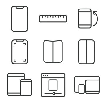 Mobile Design Icons. Outline style icons of Mobile Design: mobile viewport outline, breakpoint ruler bar, landscape rotation icon,
