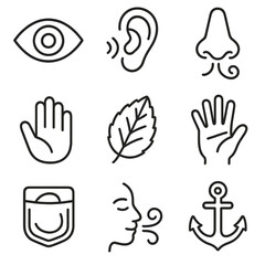 Obraz premium Mental Recovery Icons. Outline style icons of Mental Recovery: sensory grounding eye, ear sound wave, nose scent swirl, touch hand