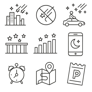 Meteor Shower Icons. Outline style icons of Meteor Shower: city skyline outline, light-pollution slash, car roof viewing, rooftop