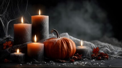 Halloween celebration with glowing candles and a carved pumpkin among cobweb decorations