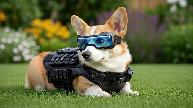 A funny corgi dog dressed as a secret agent with goggles and tactical vest lies in a garden