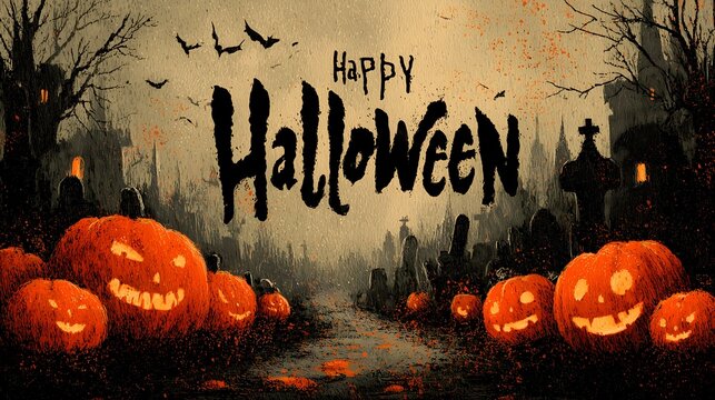 Scary pumpkins and ghostly figures create a haunting Halloween atmosphere in a spooky graveyard
