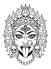 Goddess Kali face with flaming skull crown and protruding tongue vector illustration