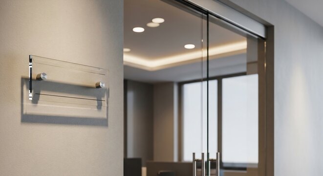 Modern Office Signage: Clear Acrylic Nameplate on a Light Grey Wall