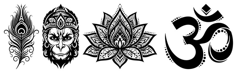 Collection of sacred Hindu religious symbols vector set