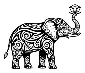Decorative Indian elephant with lotus line art vector