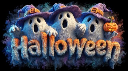 Colorful Halloween t-shirt design featuring playful ghosts and pumpkins in a spooky atmosphere