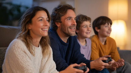 Fototapeta premium Family Game Night in Cozy Living Room with Laughter and Togetherness