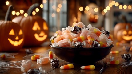 Spooky Halloween candy bowl filled with assorted treats for festive celebrations and trick-or-treating gatherings