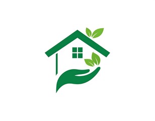 Green house logo with leaves and hand