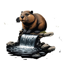 A cartoon beaver sitting on rocks above a small waterfall with a black background scene