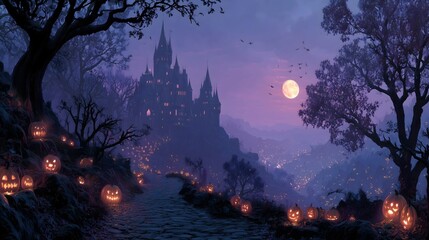 Spooky Halloween night with a haunted castle and glowing pumpkins under a full moon