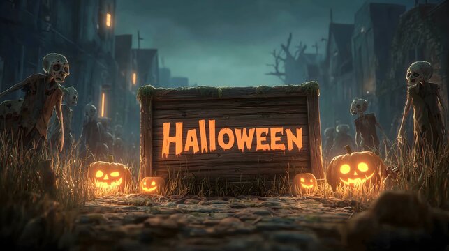 Halloween themed game poster featuring eerie skeletons and glowing pumpkins in a spooky setting