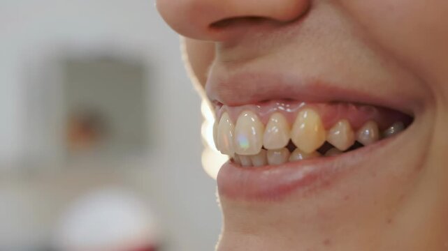 Close-up of a smiling woman showcasing white teeth and dental health. Dental veneers and teeth whitening concept.