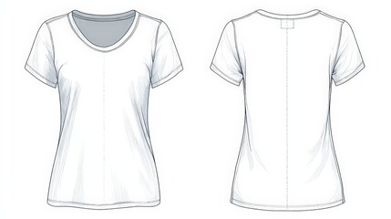 Ladies t-shirt fashion flat sketch with clear stitching lines showing front and back view technical drawing in clean vector style for professional garment manufacturing design