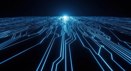 Abstract blue glowing digital circuit board pattern representing technology and data flow with a bright light at the center