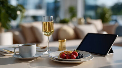 Fototapeta premium A beautifully arranged breakfast featuring fresh berries, a steaming cup of coffee, and a glass of champagne, set in a modern, sunny environment with stylish decor.