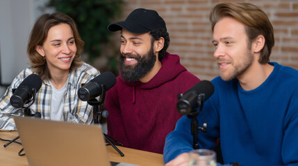 Group of Friends Recording a Gaming Podcast Together at a Table