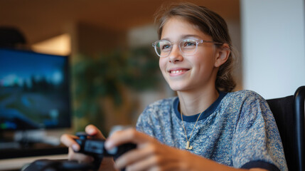 Inclusive Gaming: A Girl in a Wheelchair Playing a Racing Game