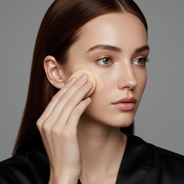 Close-up of Young Woman Applying Foundation with Makeup Sponge for Smooth Flawless Skin, Beauty and Skincare Routine