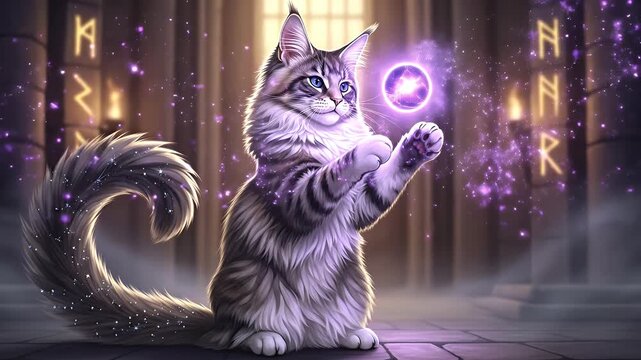 A magical wizard cat casting a powerful purple energy spell in a temple with glowing ancient runes.