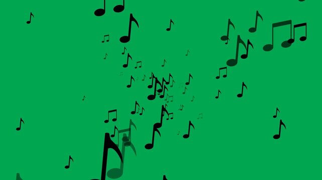 Abstract music notes animation with flowing effect from the center on green screen. 4K animated video perfect for music overlays, backgrounds, and video editing.