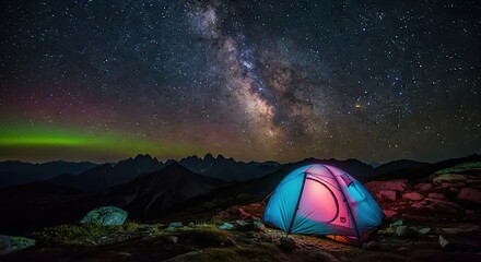 A tent glows under the starry night sky with the milky way and aurora borealis visible